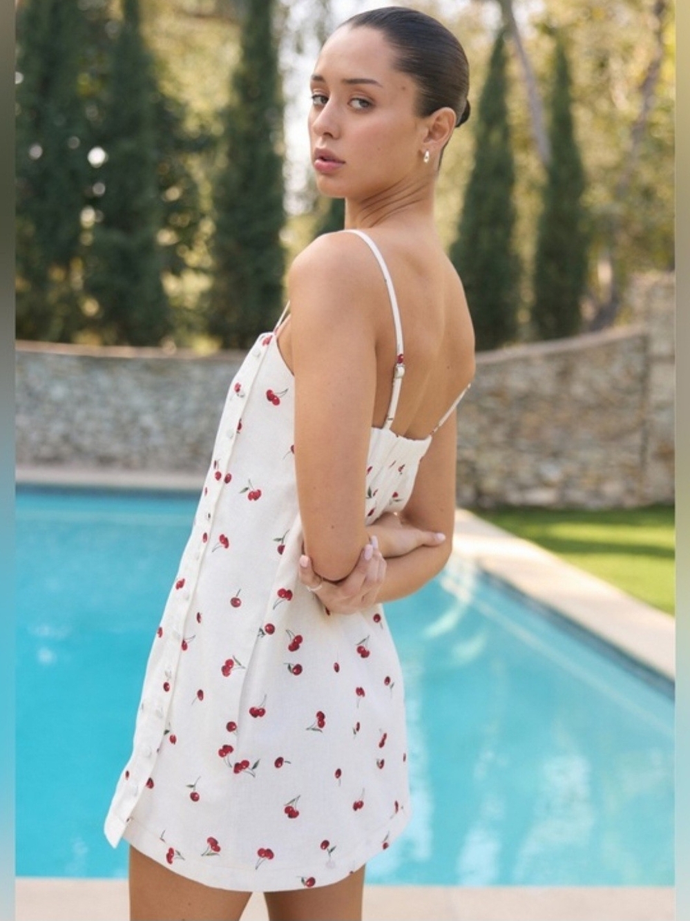 Abercrombie & Fitch linen white cherry-print mini dress, built in shorts